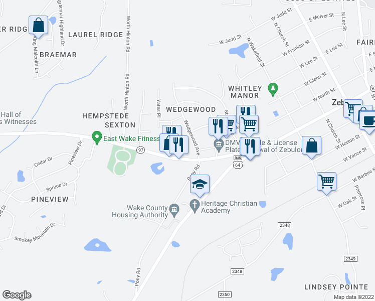 map of restaurants, bars, coffee shops, grocery stores, and more near 606 West Gannon Avenue in Zebulon