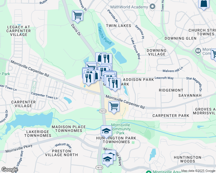 map of restaurants, bars, coffee shops, grocery stores, and more near 3608 Davis Drive in Morrisville