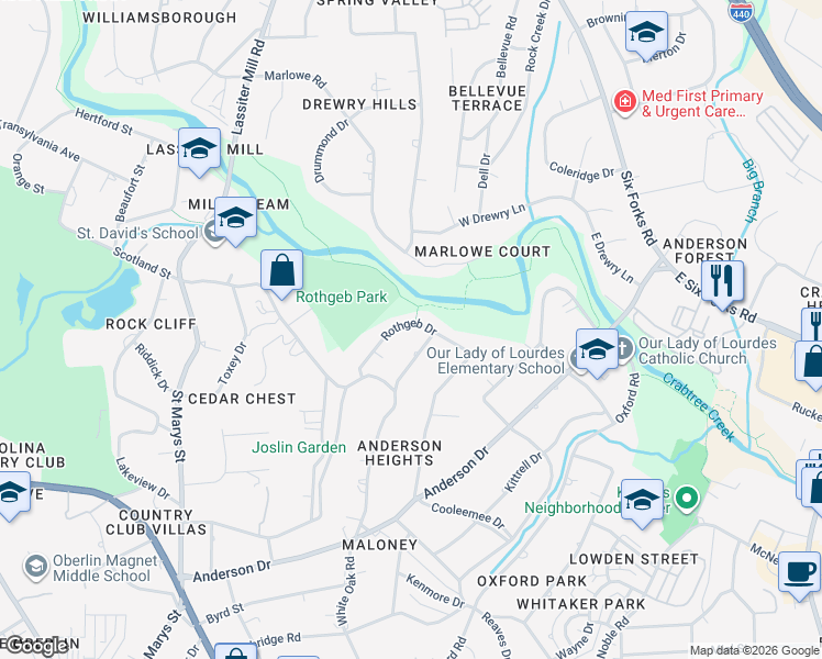 map of restaurants, bars, coffee shops, grocery stores, and more near 2739 Rothgeb Drive in Raleigh