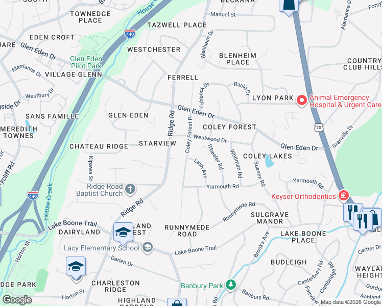 map of restaurants, bars, coffee shops, grocery stores, and more near 907 Westwood Drive in Raleigh