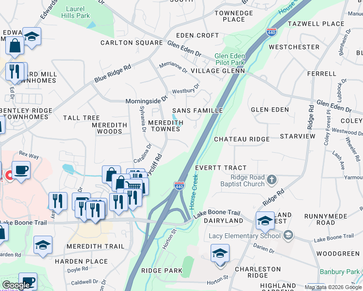 map of restaurants, bars, coffee shops, grocery stores, and more near 2860 Wycliff Road in Raleigh