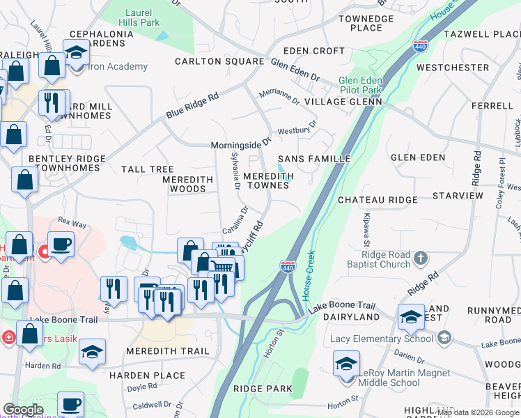 map of restaurants, bars, coffee shops, grocery stores, and more near 2894 Wycliff Road in Raleigh