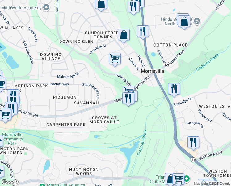 map of restaurants, bars, coffee shops, grocery stores, and more near Indian Creek Greenway in Morrisville