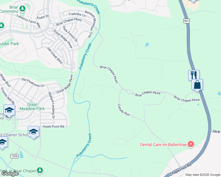 map of restaurants, bars, coffee shops, grocery stores, and more near 727 Briar Chapel Parkway in Pittsboro