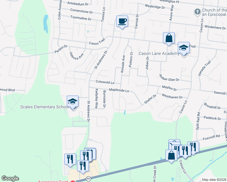 map of restaurants, bars, coffee shops, grocery stores, and more near 3307 Cotswold Lane in Murfreesboro