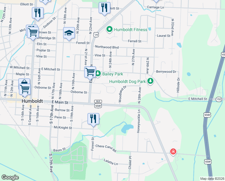 map of restaurants, bars, coffee shops, grocery stores, and more near 2300-2320 Maple Circle in Humboldt