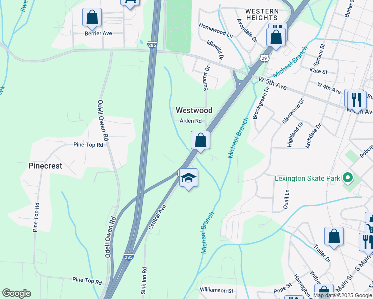 map of restaurants, bars, coffee shops, grocery stores, and more near 568 Pinecrest Road in Lexington
