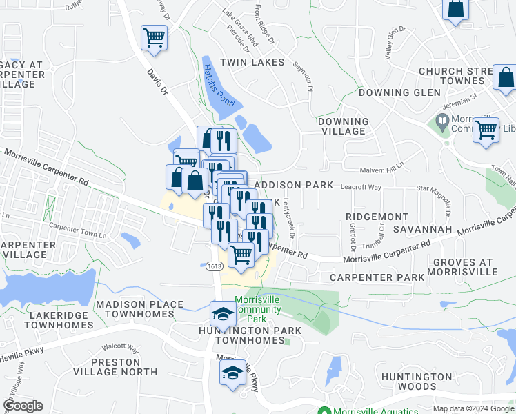 map of restaurants, bars, coffee shops, grocery stores, and more near 1512 Alemany Street in Morrisville