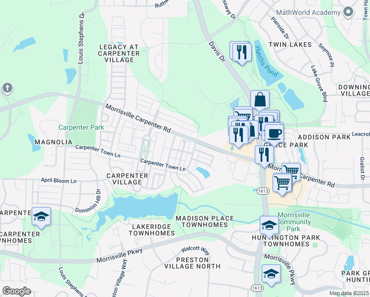 map of restaurants, bars, coffee shops, grocery stores, and more near 304 Madison Grove Place in Cary