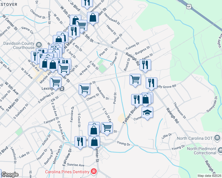 map of restaurants, bars, coffee shops, grocery stores, and more near 220 North Church Street in Lexington