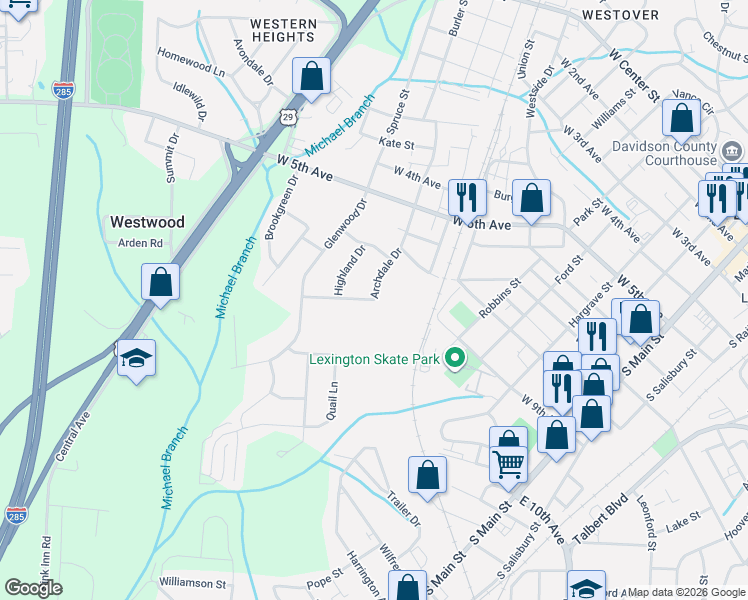 map of restaurants, bars, coffee shops, grocery stores, and more near 802 Mitchell Avenue in Lexington