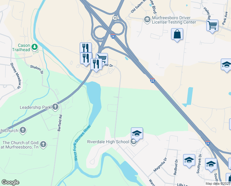 map of restaurants, bars, coffee shops, grocery stores, and more near 1405 Riverwatch Court in Murfreesboro
