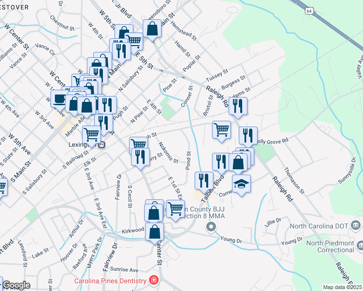 map of restaurants, bars, coffee shops, grocery stores, and more near 220 North Church Street in Lexington