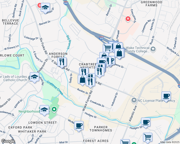 map of restaurants, bars, coffee shops, grocery stores, and more near 3008 Hillmer Drive in Raleigh