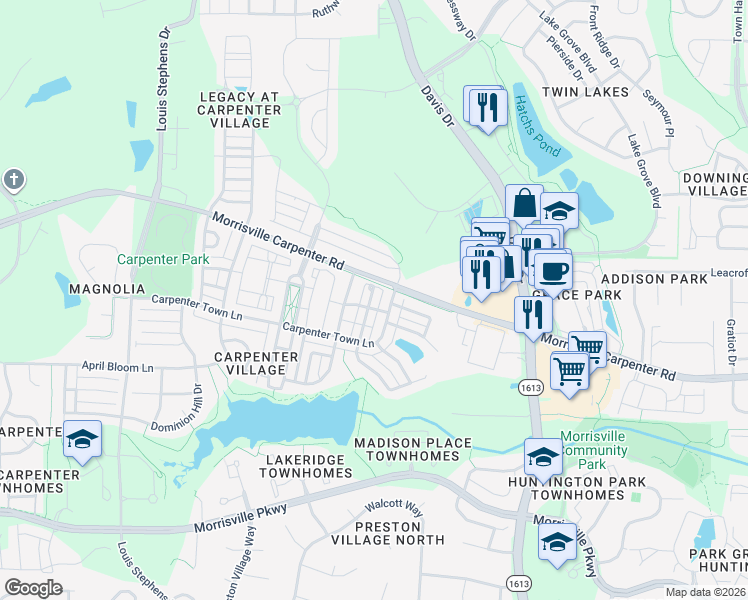 map of restaurants, bars, coffee shops, grocery stores, and more near 107 Potomac Grove Place in Cary