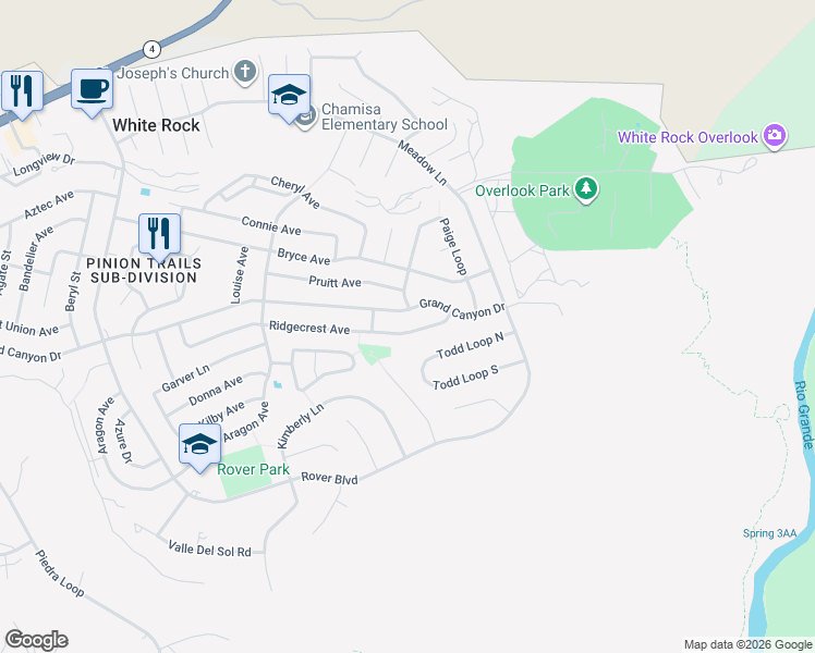 map of restaurants, bars, coffee shops, grocery stores, and more near 505 Grand Canyon Drive in White Rock