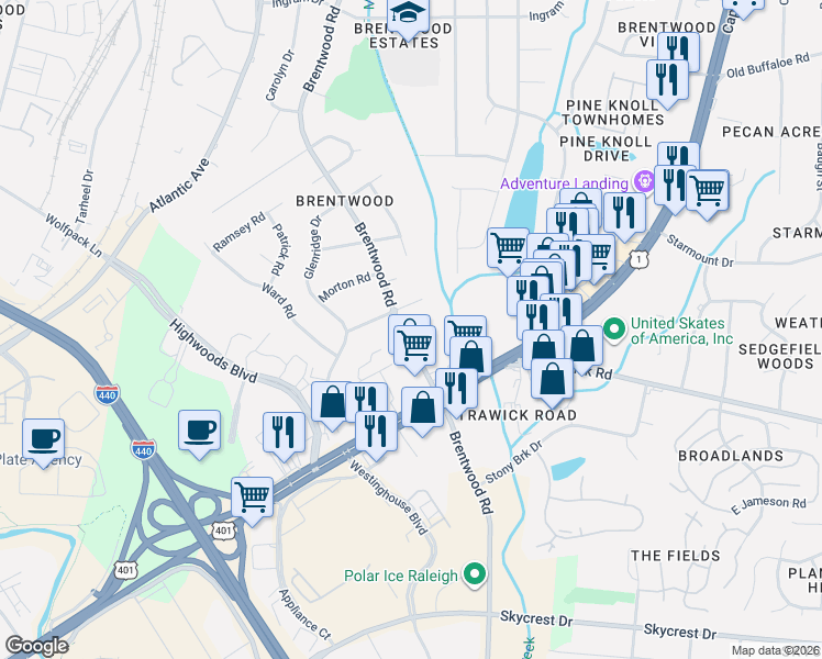 map of restaurants, bars, coffee shops, grocery stores, and more near 3004 Brentwood Road in Raleigh