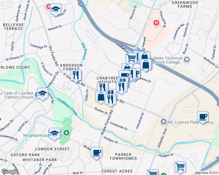 map of restaurants, bars, coffee shops, grocery stores, and more near 3008 Hillmer Drive in Raleigh