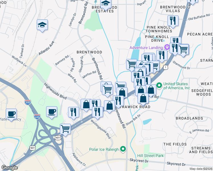 map of restaurants, bars, coffee shops, grocery stores, and more near 3004 Brentwood Road in Raleigh