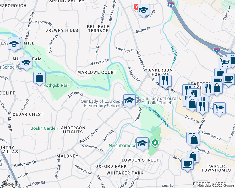 map of restaurants, bars, coffee shops, grocery stores, and more near 2948 Claremont Road in Raleigh