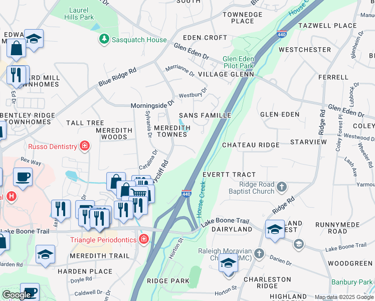 map of restaurants, bars, coffee shops, grocery stores, and more near 2860 Wycliff Road in Raleigh