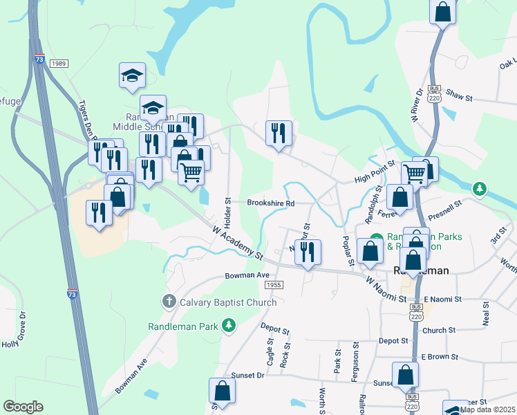 map of restaurants, bars, coffee shops, grocery stores, and more near 516 Brookshire Road in Randleman