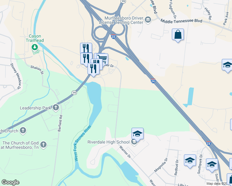 map of restaurants, bars, coffee shops, grocery stores, and more near 1673 New Salem Road in Murfreesboro
