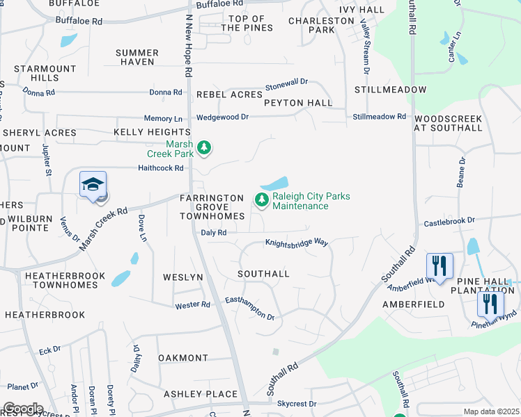 map of restaurants, bars, coffee shops, grocery stores, and more near 4225 Daly Road in Raleigh