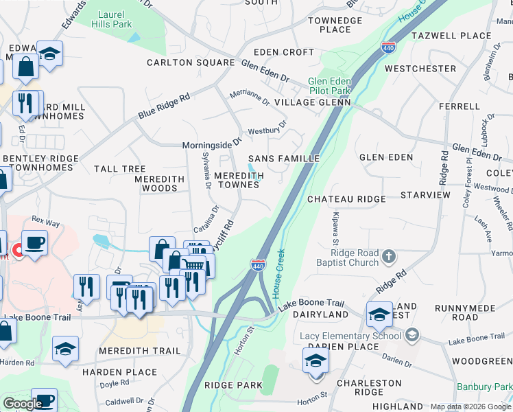map of restaurants, bars, coffee shops, grocery stores, and more near 2860 Wycliff Road in Raleigh