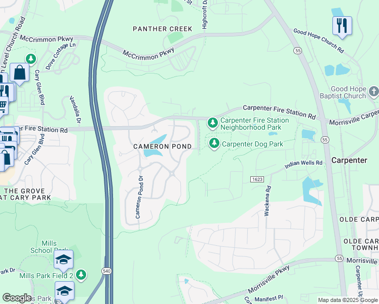 map of restaurants, bars, coffee shops, grocery stores, and more near 420 Parkman Grant Drive in Cary