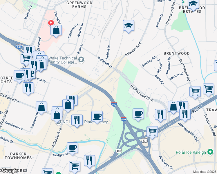 map of restaurants, bars, coffee shops, grocery stores, and more near 3201 Beechleaf Court in Raleigh