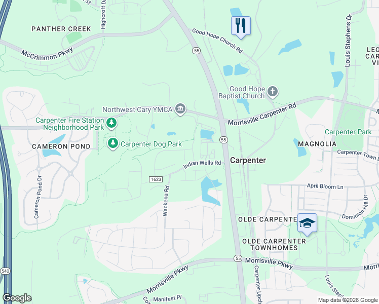 map of restaurants, bars, coffee shops, grocery stores, and more near 6803 Doddridge Lane in Cary