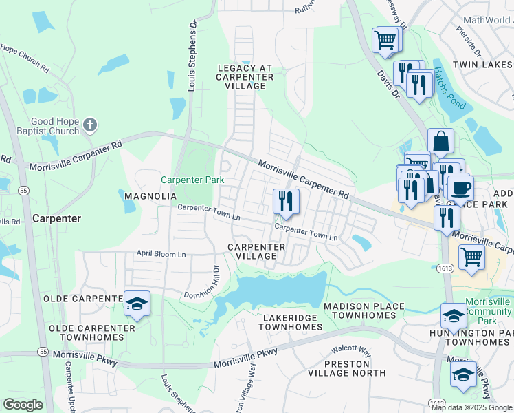 map of restaurants, bars, coffee shops, grocery stores, and more near 2074 Geddy House Lane in Cary