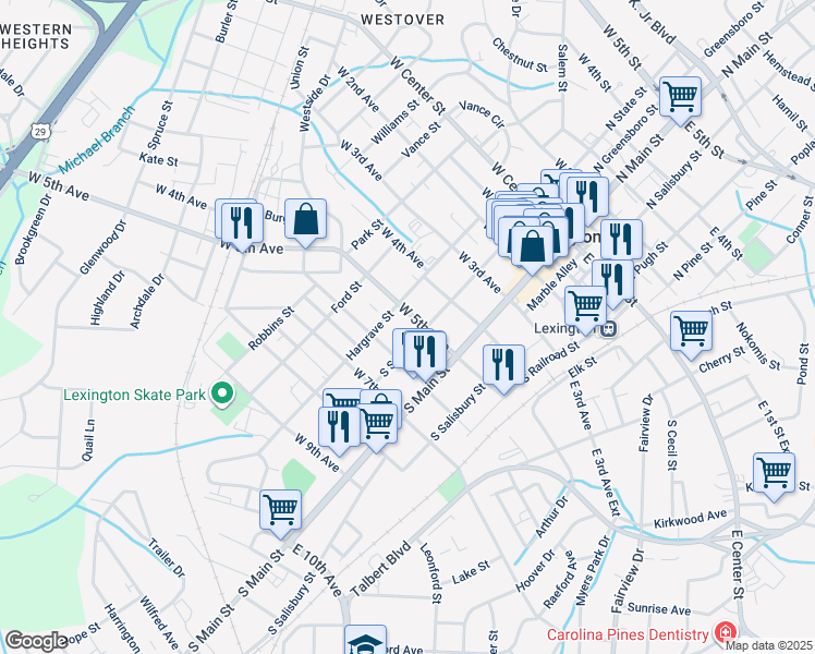 map of restaurants, bars, coffee shops, grocery stores, and more near 105 West 5th Avenue in Lexington