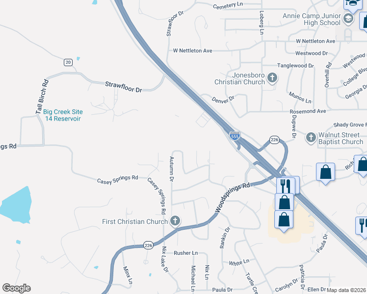 map of restaurants, bars, coffee shops, grocery stores, and more near 2214 Autumn Drive in Jonesboro
