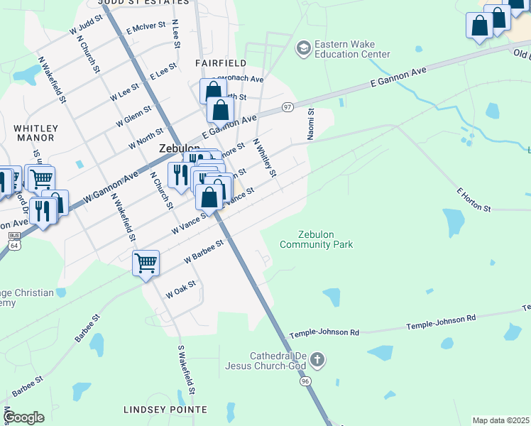 map of restaurants, bars, coffee shops, grocery stores, and more near 207 East Barbee Street in Zebulon