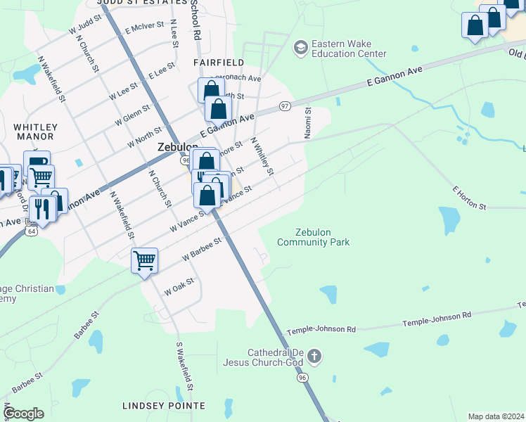 map of restaurants, bars, coffee shops, grocery stores, and more near 207 East Barbee Street in Zebulon