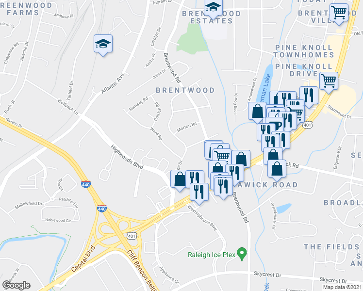 map of restaurants, bars, coffee shops, grocery stores, and more near 3005 Glenridge Drive in Raleigh
