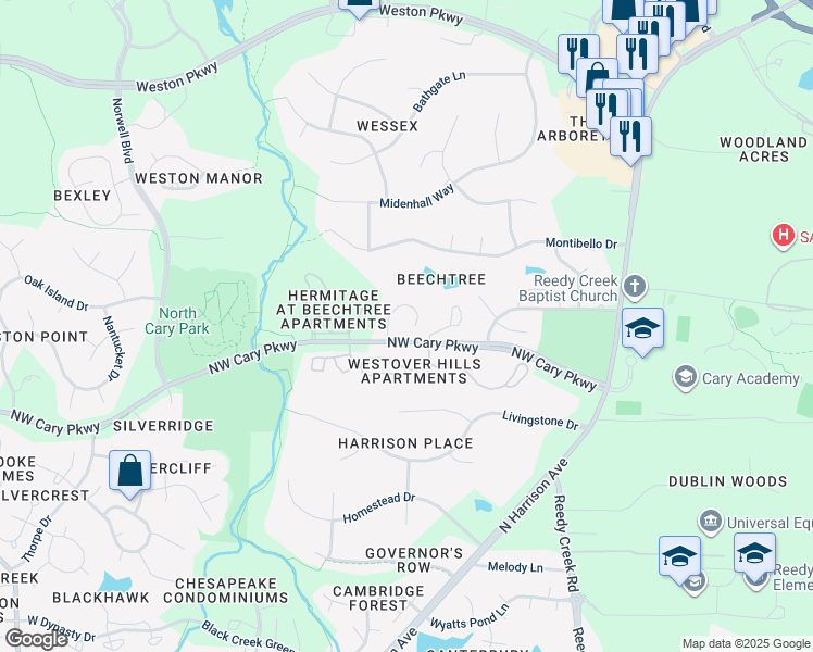 map of restaurants, bars, coffee shops, grocery stores, and more near 134 Skipwyth Circle in Cary