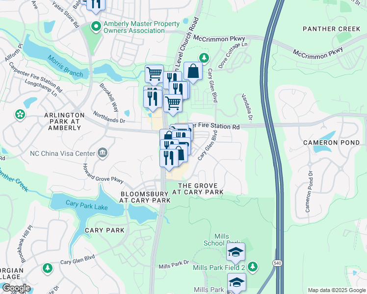 map of restaurants, bars, coffee shops, grocery stores, and more near 10130 Green Level Church Road in Cary