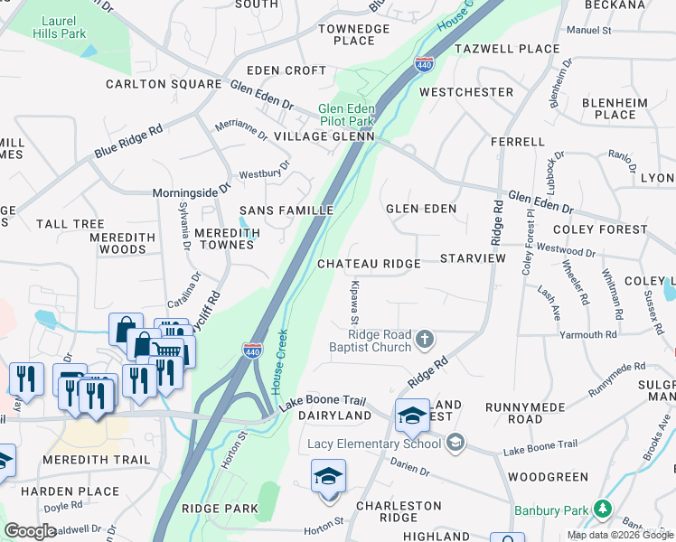 map of restaurants, bars, coffee shops, grocery stores, and more near 2901 Debra Drive in Raleigh