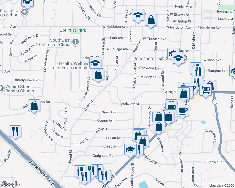 map of restaurants, bars, coffee shops, grocery stores, and more near 2000 Edgewood Street in Jonesboro