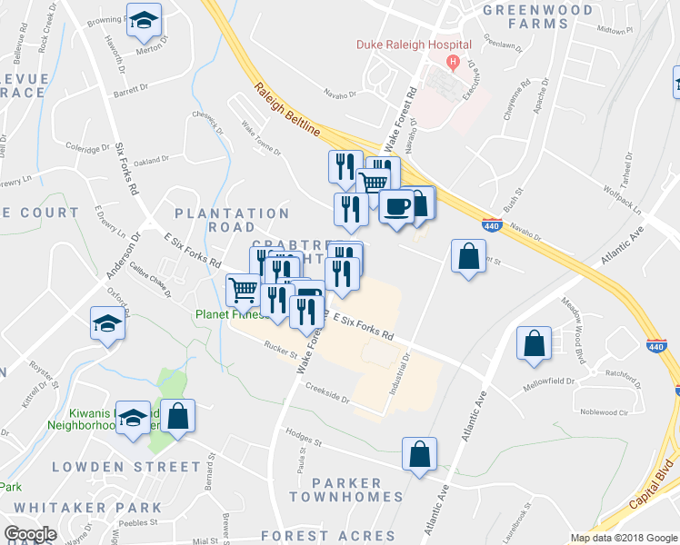 map of restaurants, bars, coffee shops, grocery stores, and more near 2027 Wake Forest Road in Raleigh