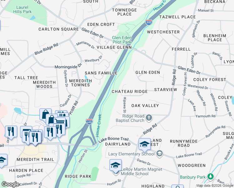 map of restaurants, bars, coffee shops, grocery stores, and more near 2901 Debra Drive in Raleigh