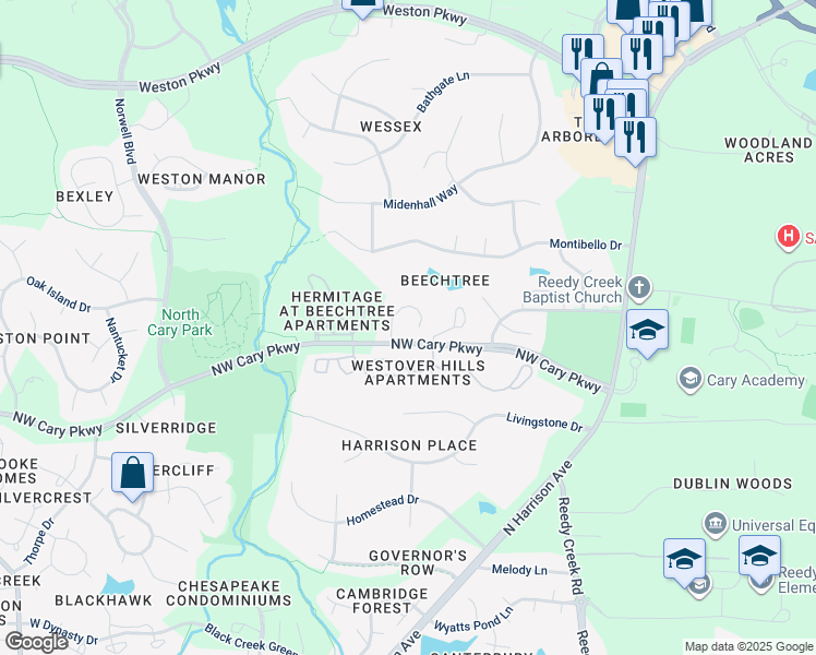 map of restaurants, bars, coffee shops, grocery stores, and more near 134 Skipwyth Circle in Cary