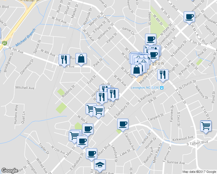 map of restaurants, bars, coffee shops, grocery stores, and more near 105 West 5th Avenue in Lexington