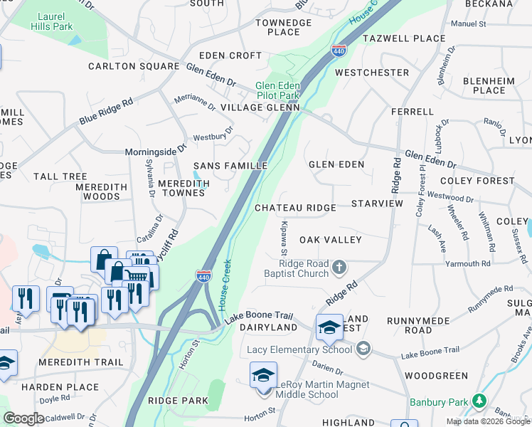 map of restaurants, bars, coffee shops, grocery stores, and more near 2901 Debra Drive in Raleigh