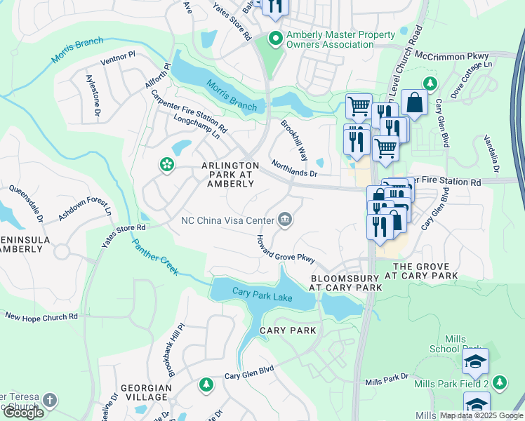 map of restaurants, bars, coffee shops, grocery stores, and more near 415 Howard Grove Parkway in Cary
