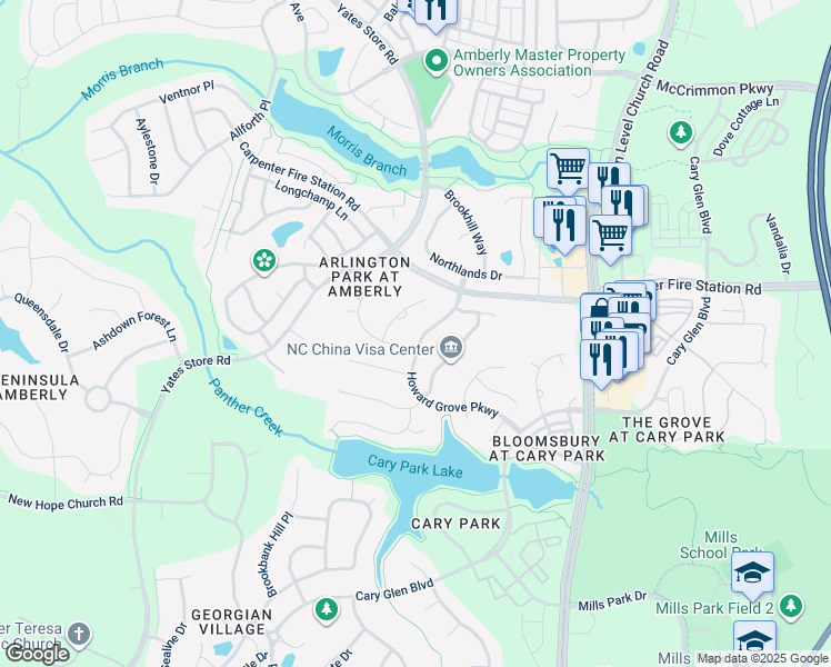 map of restaurants, bars, coffee shops, grocery stores, and more near 415 Howard Grove Parkway in Cary