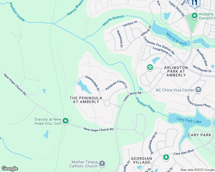 map of restaurants, bars, coffee shops, grocery stores, and more near 211 Ashdown Forest Lane in Cary